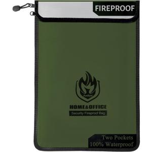 Upgraded Two Pockets Fireproof Document Bag (2000), andyer 15x 11Waterproof Fireproof Money Bag for Cash with Zipper, Important Document Storage Organizer for Valuables, Legal Documents Safe (Green)