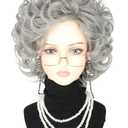 Old Lady Wig Costume Set for Women Short Curly Silver Grey Granny Wigs for Cosplay Old Woman Wig Halloween Party Wigs