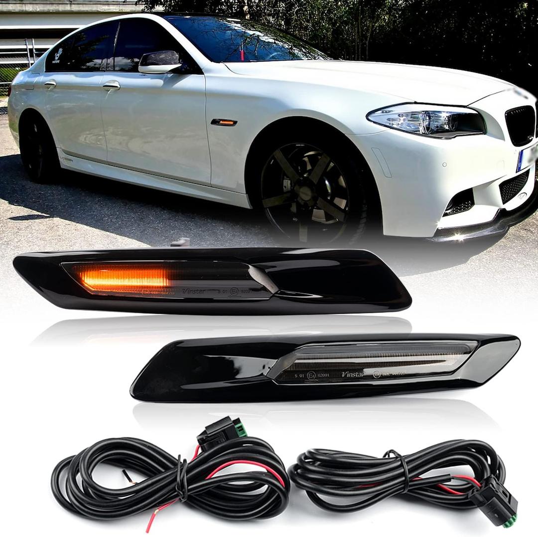Sequential Amber LED Side Marker Lights Compatible w/B'MW 5 Series F10 LCI 528i 530i 535i 550i Smoked Lens Led Dynamic Turn Signal Lamps Indicator Blinker OEM Fender Trim Replacement
