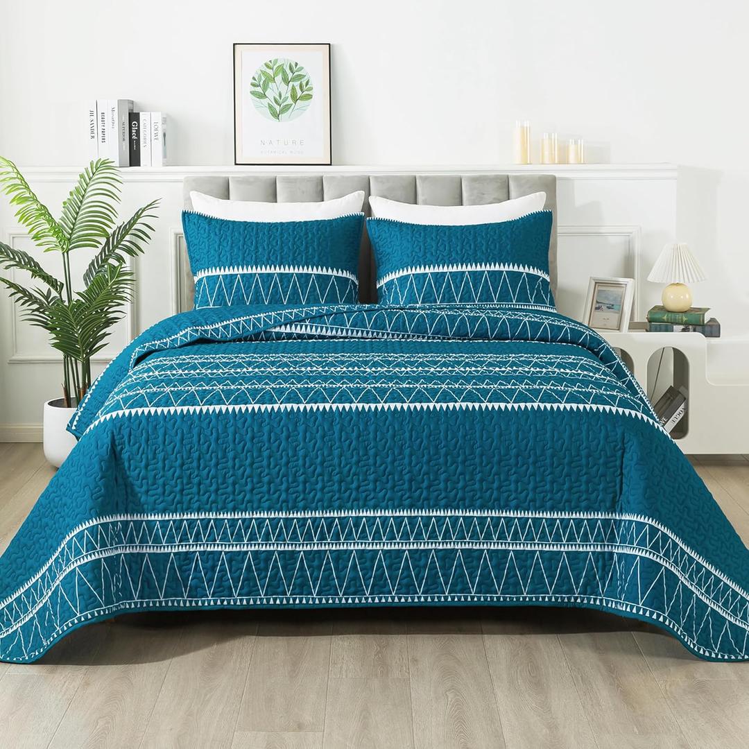 Andency Teal California King Quilt Set, 3 Pieces Boho Lightweight Soft Striped Cal King Bedspread for All Season (112"x104"), Printed Bohemian Microfiber Reversible Coverlet Comforter Sets