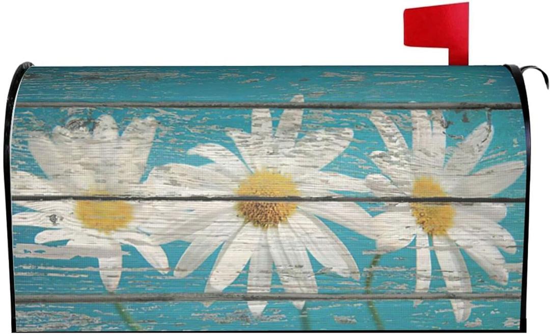 Sweetshow Rustic Spring Daisy Mailbox Covers Magnetic Standard Size 21x18 Inch Teal Old Wood Board Mailbox Decals Mailbox Wrap Post Letter Box Cover Mailbox Post Cover for Garden Yard Decor