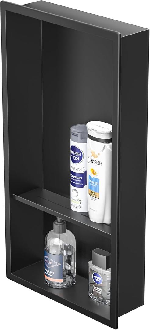 Stainless Steel Shower Niche Matte Black 24" X 12" No Tile Needed Wall Niche Double Recessed Shower Shelf for Bathroom Over Mount Installation