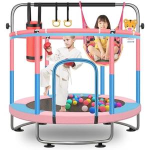 60" Toddler Trampoline for Kids, 5FT Adjustable Trampoline Indoor Outdoor with Enclosure Net, Mini Trampoline for Kids 3-10, 880lbs Capacity, Adjustable Gymnastics Bar, Basketball Hoop, Swing