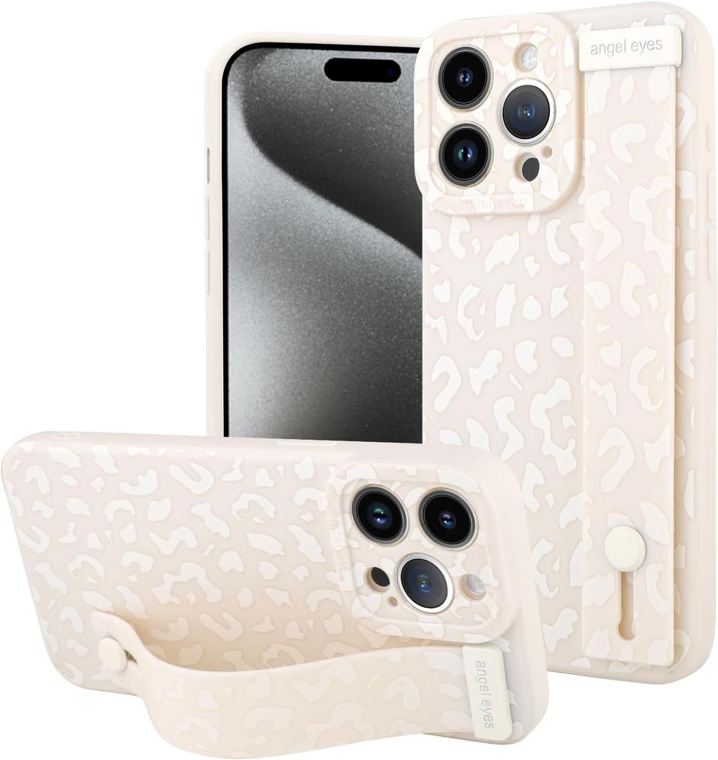 OOK Compatible with iPhone 15 Pro Leopard Cheetah Case with Wrist Strap, White Leopard TPU Shockproof Protection Slim Cover with Camera Protection for Women Girls, for 6.1inch