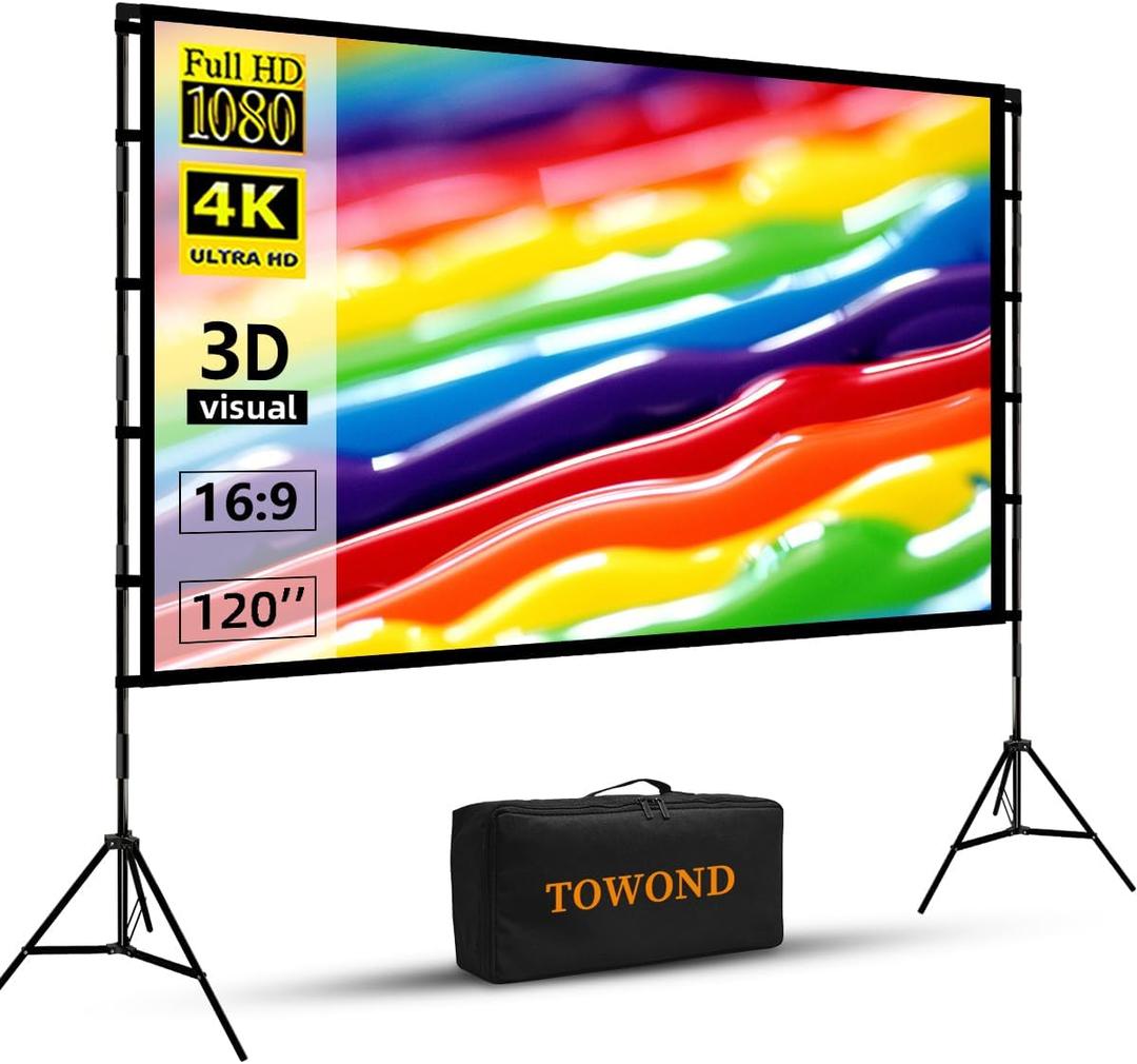TOWOND Outdoor Projector Screen with stand, 120 inch Portable Movie Screen - 16:9 4K HD Foldable Anti-Crease Projection Screen with Carry Bag for Movie Nights, Camping and Parties Support Double Sided