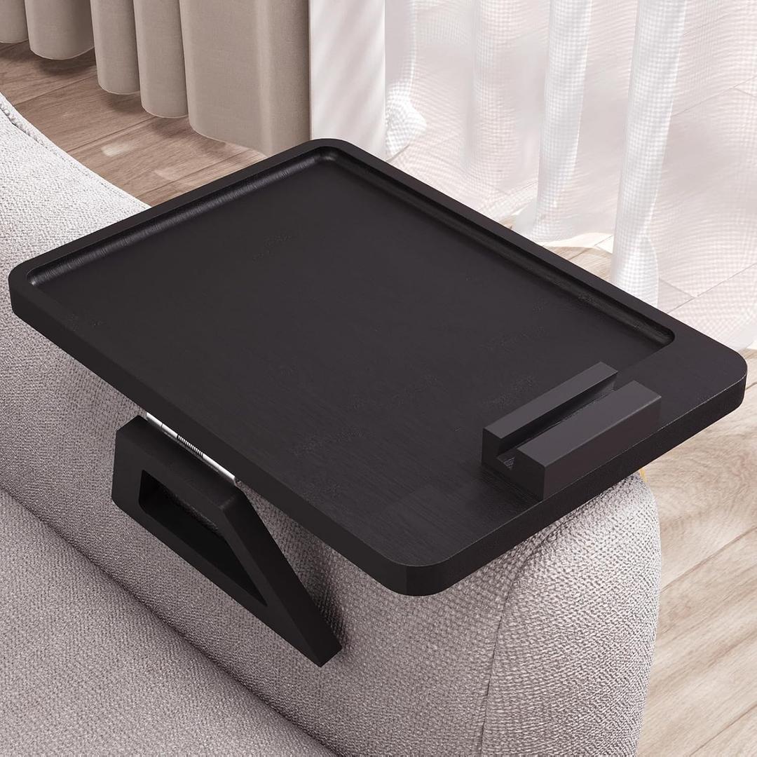 Couch Arm Tray with 360Phone,Bamboo Folding Sofa Tray,Sofa Armrest Trays Clip-On Couch Desk for Drinks,Snacks,Phone,Remote ControlBlack