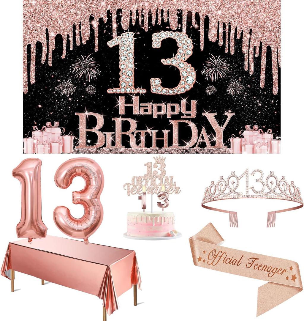 13th Birthday Decorations for Girls with Banner, Rose Gold Tablecloth, Number Balloons, Crown/Tiara, Candles, Official Teenager Sash and Cake Topper