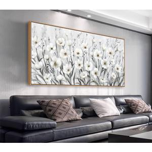 arteWOODS Flowers Framed Wall Art - Grey White Wildflowers Canvas Pictures Wall Decor Botanical Painting Artwork Elegant Floral Prints for Living Room Bedroom Home Decor 58 x 29in Natural Wood Frame