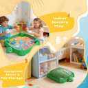 Turtle Sandbox with Lid and Adjustable Umbrella, Large Square Sand Box with 6 Molds & 4 Shovels, Outdoor Beach Toys for Toddlers Ages 3+