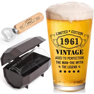 65th Birthday Gifts for Men, Vintage 1961 Beer Glass Set of 16oz in Barrel Box, 65 Year Old Gift Ideas for Him Husband Dad, Pint Glass for 65th Birthday Decorations & Wedding Anniversary