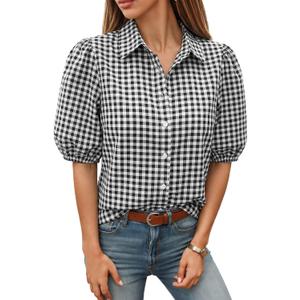 Tankaneo Women's Button Down Shirts Short Puff Sleeve Collared Dressy Casual Blouse Tops XX-Large, Black Plaid