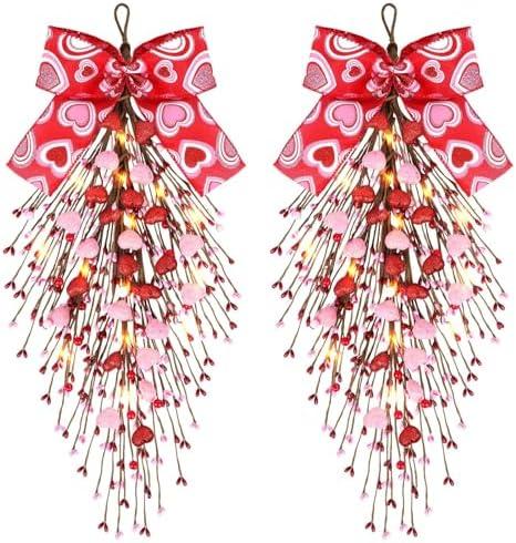 2 PCS 24" Valentine’s Day Glitter Heart Teardrop Swag Valentines Wreaths for Front Door Artificial Red Pink Hearts Shaped Berry Swags Wreath with Love Ribbon Wall Hanging Decor for Outdoor Window Home