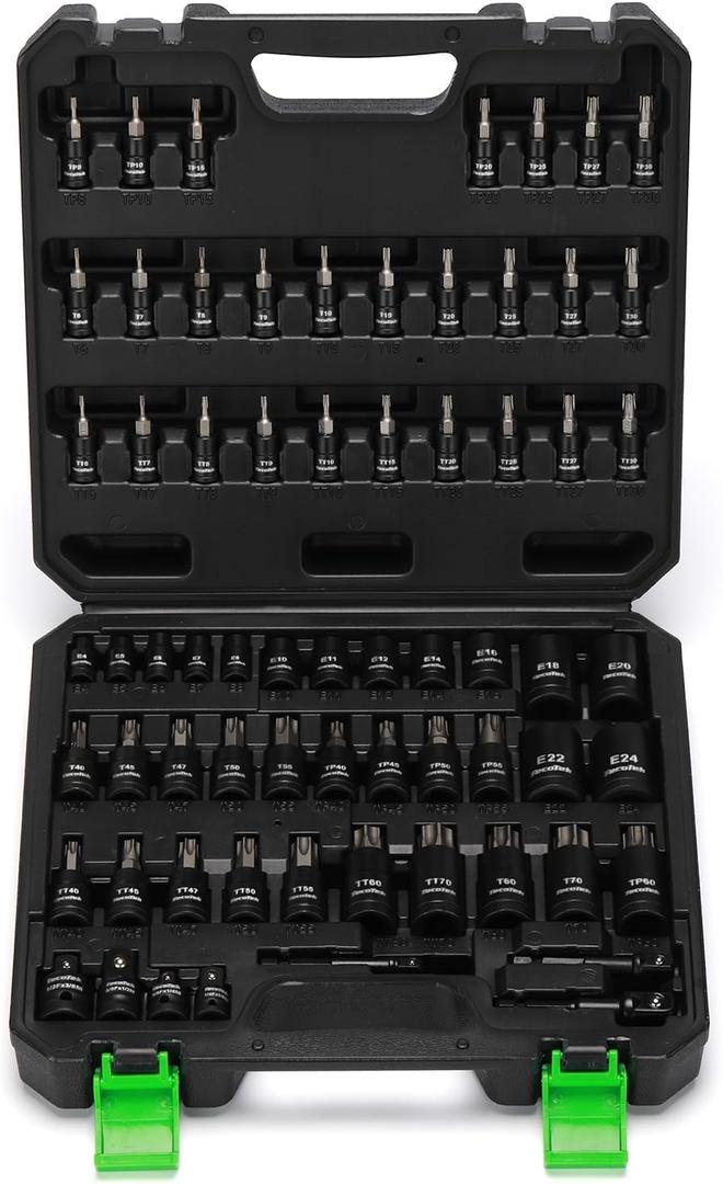 67-Piece Master Torx Bit Socket and External Torx Socket Set, 1/4", 3/8" and 1/2" Drive, S2 and Cr-V Steel, E4 - E24, T6 - T70, TT6 - TT70, TP8 - TP60, Includes 7PCS Socket Adapters