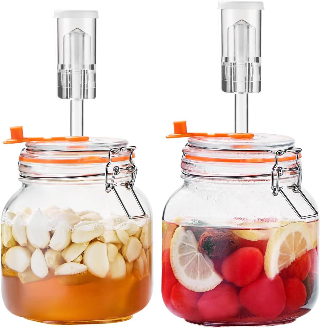 JILLMO 1 Liter Fermentation Jar, Square Glass Fermenting Kit for Making Sauerkraut, Hot Sauce, Mead, Cider and More, Pack of 2, 5.9 x 4.4 inches