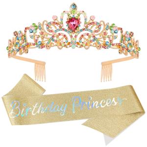Birthday Girl Tiara and Crown with Sash, Headband and Party Decorations (iridescent)