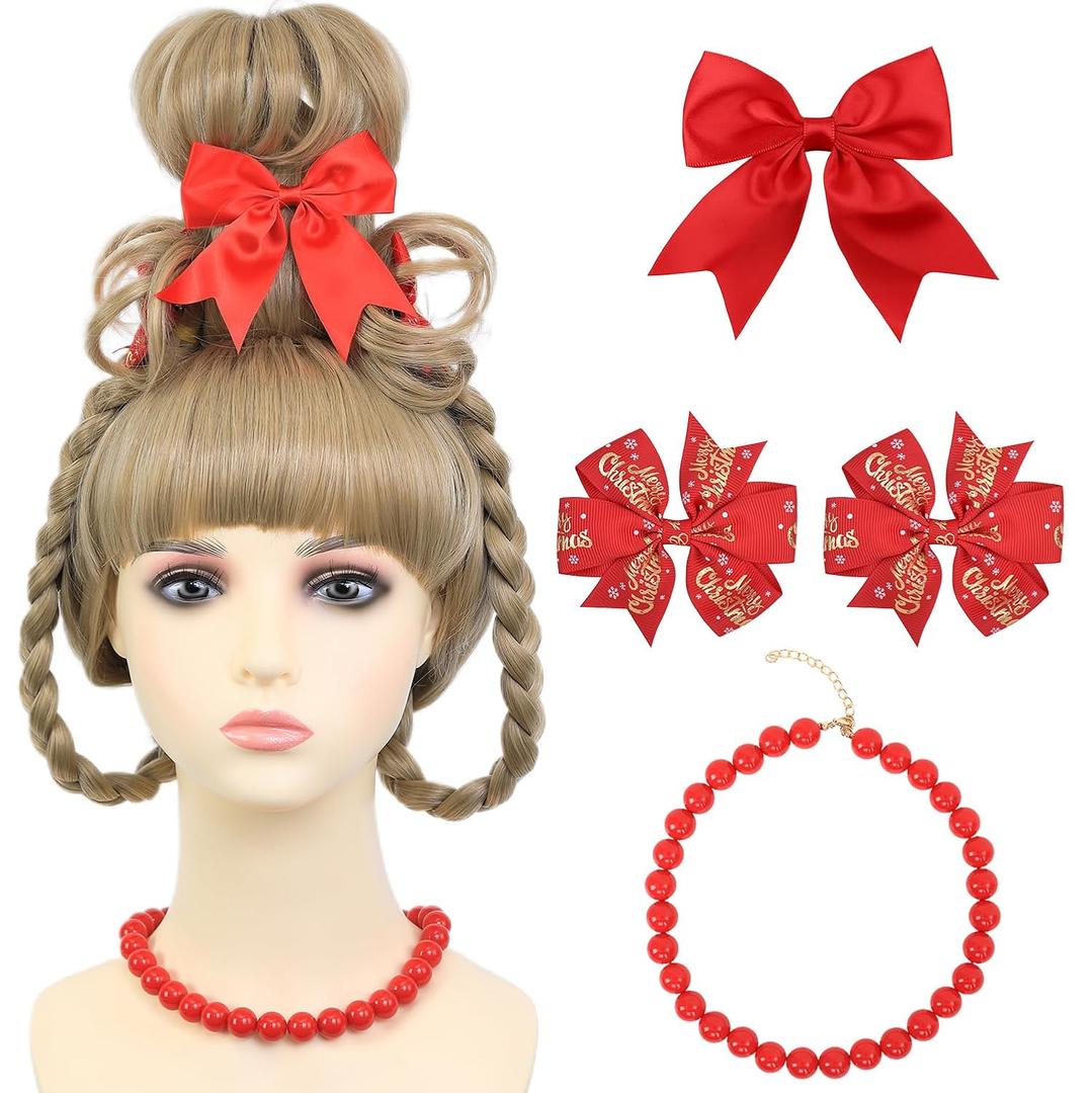 Christmas Costume Wig for Kids Girls Blonde Braided Synthetic Wig with Red Bow Hair Clip and Necklace for Halloween Christmas Celebration Party Christmas Costume Wig for Kids Girls Blonde Braided Synthetic Wig with Red Bow Hair Clip and Necklace for Halloween Christmas Celebration Party