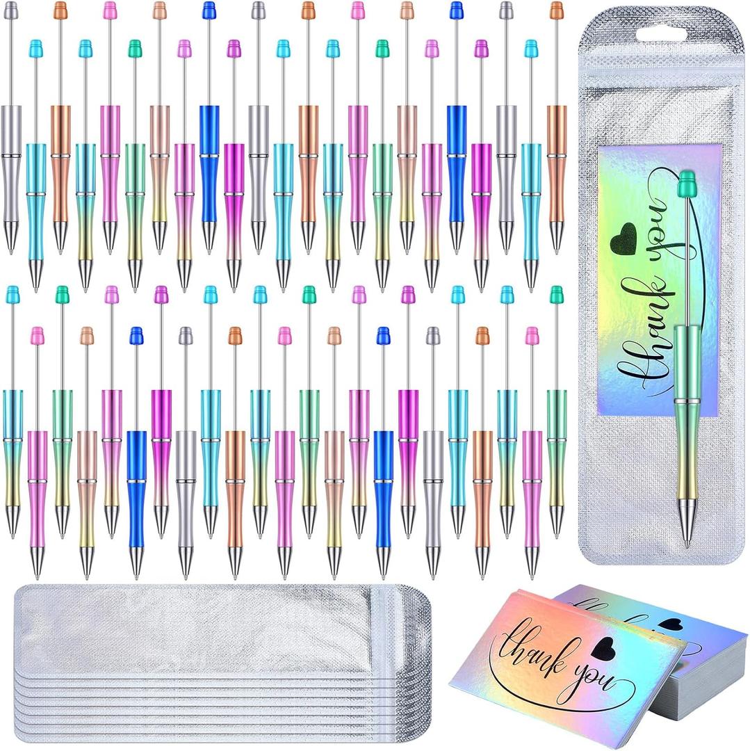 Yeaqee 150 Pieces Beadable Pens Kit 50 Pieces Colors Plastic Beaded Ballpoint Pens Bulk 50 Foil Thank You Cards with 50 Resealable Packaging Bags for School DIY Making Gift(Metallic Gradient Style)