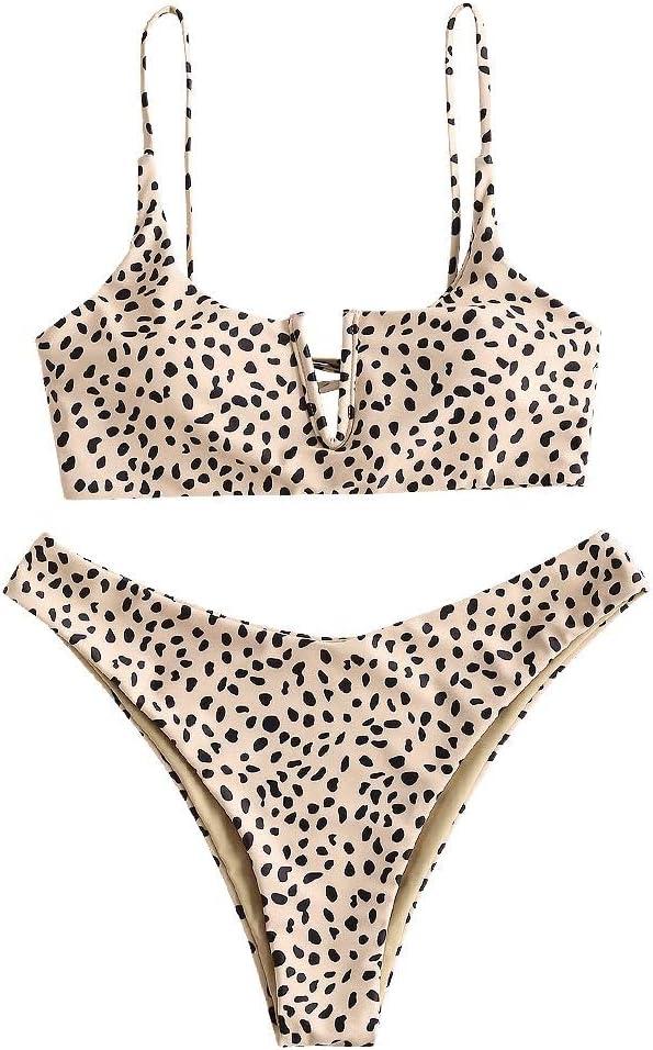 ZAFUL Women's Leopard Bikini Set V Wired Animal Print Ribbed Colorblock Swimsuit High Cut Two Piece Swimwear (Yellow&black), Size S