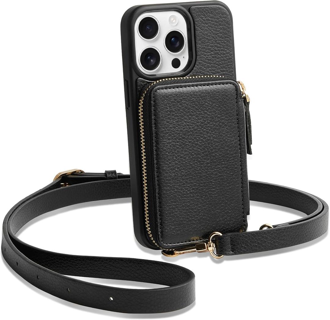 ZVE for iPhone 14 Pro Max Wallet Case Crossbody, Card Holder Zipper Phone Cover for Women RFID Blocking Wrist Strap for iPhone 14 Pro Max, 6.7 inch, 2022- Black