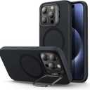 ESR for iPhone 15 Pro Case, MagSafe Silicone Case with Stand, Military-Grade Protection, Built-in Camera Stash Stand, Magnetic Phone Case for iPhone 15 Pro, Cloud Series,Black