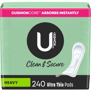 U by Kotex Clean & Secure Ultra Thin Pads, Heavy Absorbency, 240 Count (6 Packs of 40) (Packaging May Vary)