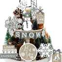 Dandat 15 Pcs Snowman Tiered Tray Decor Snow Winter Tiered Tray Decorations Set Hello Winter Let It Snow Snowman Snowflake Wooden Signs Farmhouse Christmas Decor for Home Table Shelf