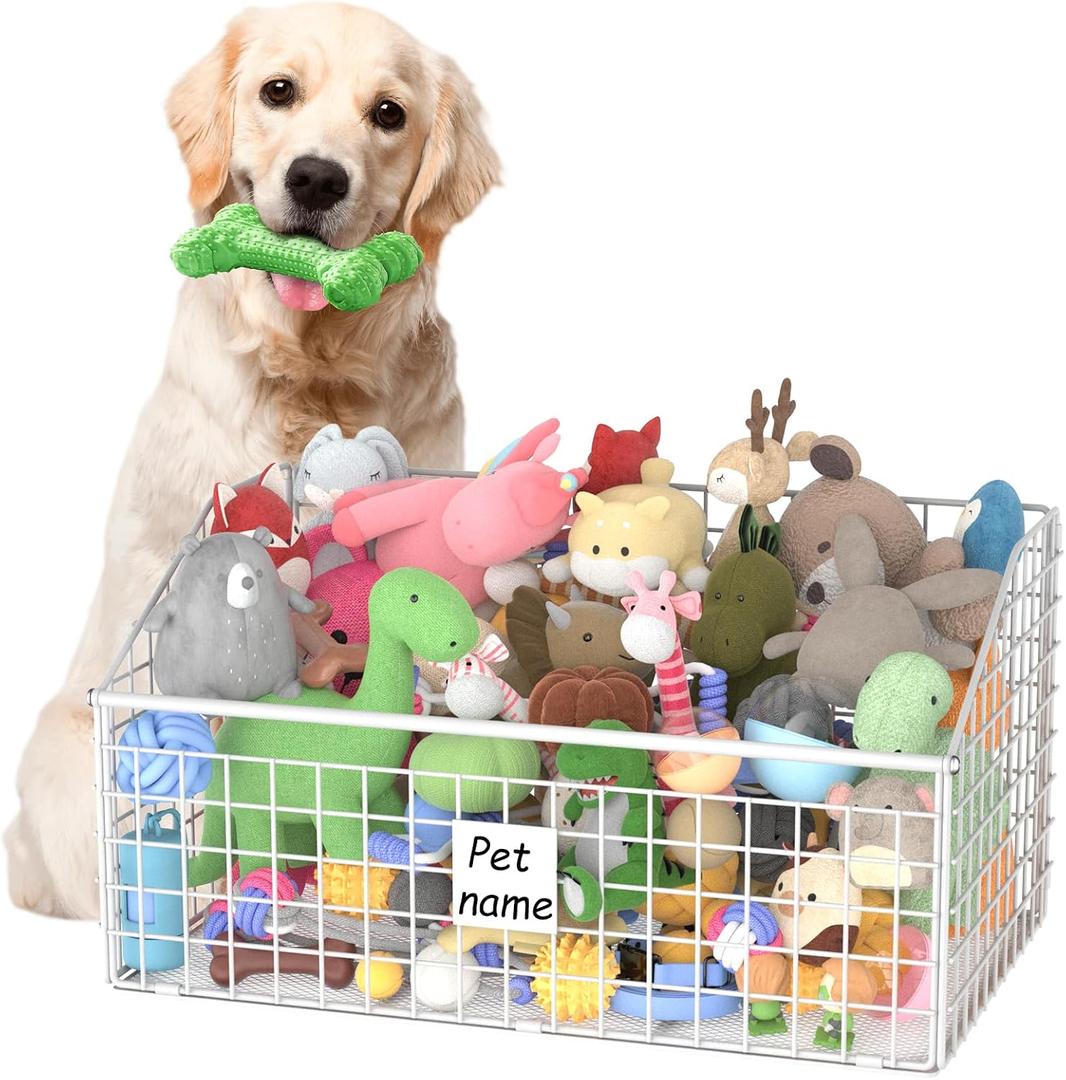 Indestructible Dog Toy basket, Large Toy Box for Dogs,Pet Toy Bin Dog Metal Basket for Toys, Toy Storage Organizer, Toy Box for Living Room Area (White)