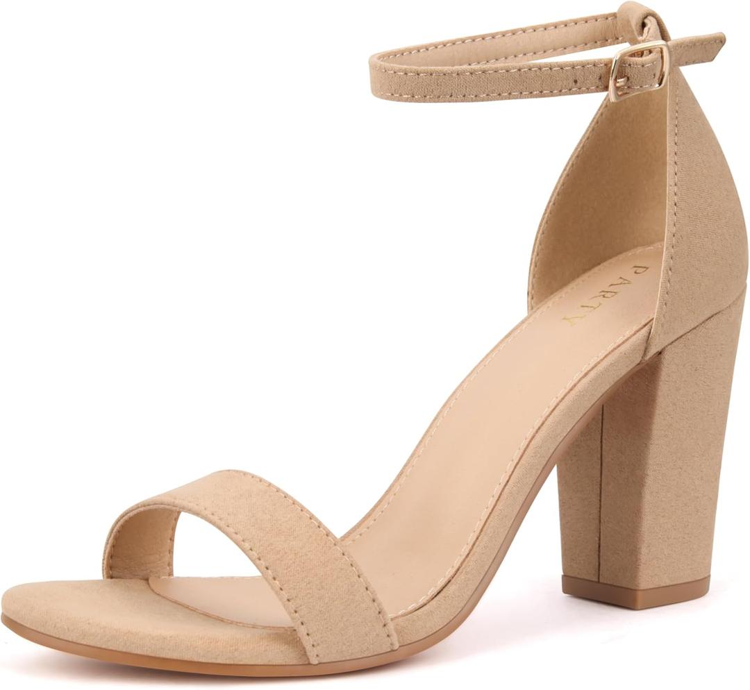 PARTY Women's Chunky Heels Open Toe Ankle Strap 3 inch Heeled Sandals (Beige) Size 7