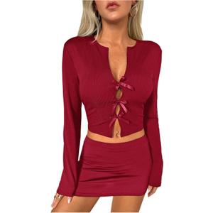 MakeMeChic Women's Bow Decor Rib Knit Top Cut Out Tee Shirt Tie Front Long Sleeve Slim Fitted Crop Tops (Red, M)