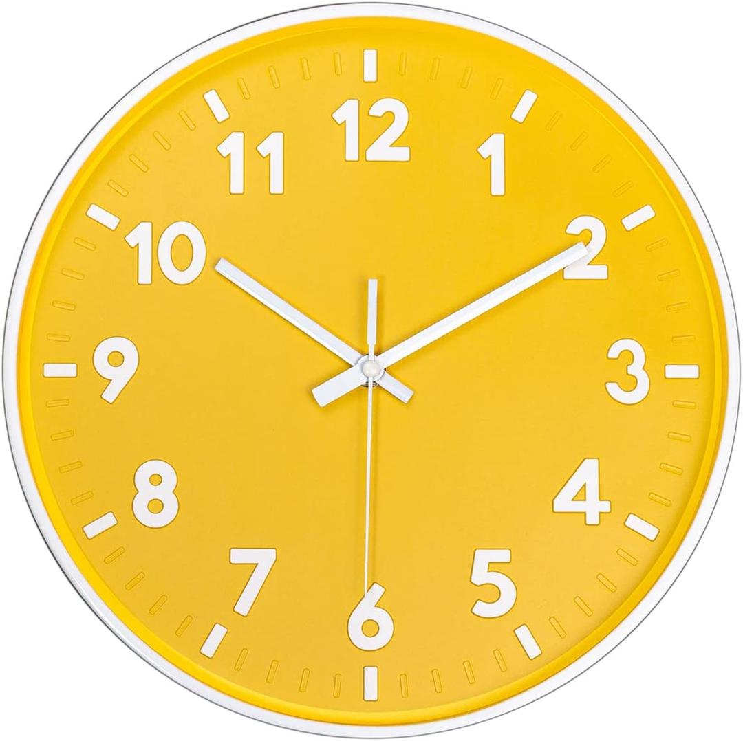 JENLYSTIME 12 Inch Modern Indoor Outdoor Clock,Round Bright Colorful Dial,Non Ticking Silent Quartz Battery Operated Wall Clocks,Easy to Read Simple Style Decor Clock for Bedroom,Kitchen(Yellow)