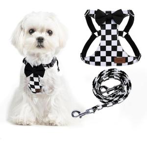 PUPTECK Dog Harness and Leash Set Small Sized, Step-in Cute Puppy Harness, Soft Lightweight Padded Vest, Escape Proof No Pull Pet Harnesses Easy for Walking, Plaid Black & White, XXS