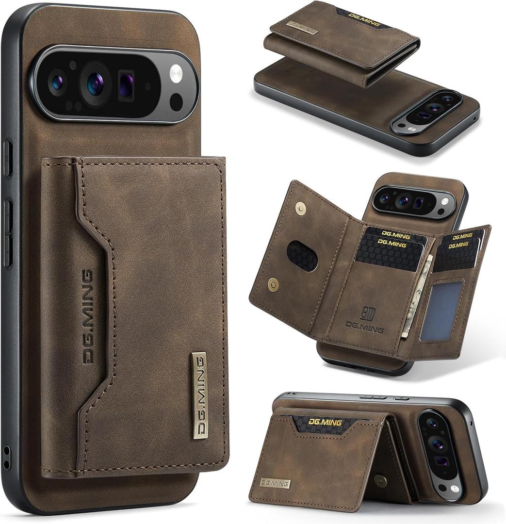 Wallet Case for Google Pixel 9 Pro XL, DG.MING Premium Leather Shockproof Protective Phone Case Back Cover Magnetic Detachable with Trifold Wallet Card Holder Slots Kickstand (Coffee)