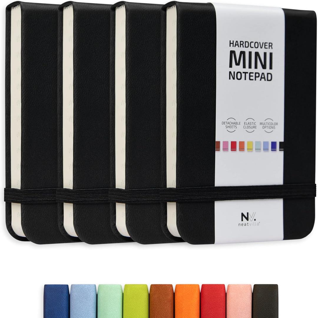 Tiny Notebook 3x4 Small Notepad Pocket Size, A7 Leather Hardcover Mini Notebook, Tear Off Sheet Tiny Notepad with Elastic Band, 4 Pack Mini Pocket Notebook for Nurse Reporter (Black)