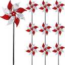 Hausse 10 Pack Reflective Pinwheels, Extra Sparkly Wind Sculptures for Garden Christmas Holiday Winter Decor, Bird Devices Deterrent to Scare Birds Away from Yard Patio Farm, Red & Silver