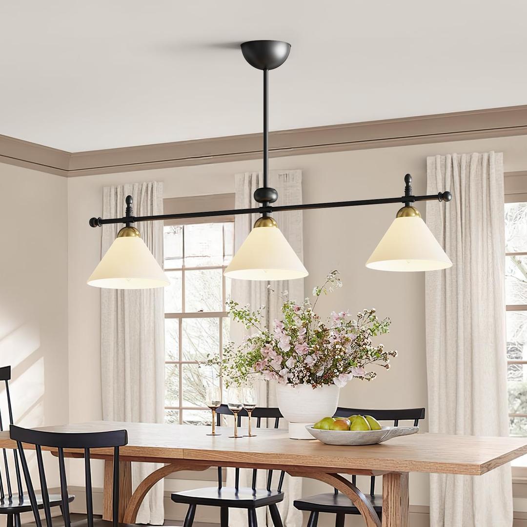 Linear Chandelier, Modern Chandelier for Dining Room Light Fixture, Dining Light Fixtures with Milk Glass Shade Pendant Lights Kitchen Island for Restaurant, Living Room (Black, 3-Lights)