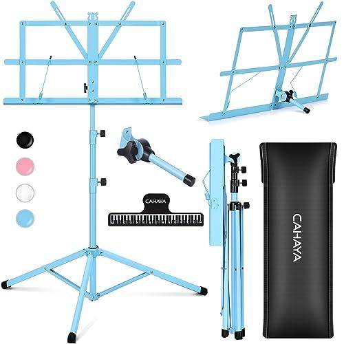 CAHAYA Portable Sheet Music Stand: Dual Use Desktop Book Holder Folding Lightweight Extra Stable Reinforced with Carrying Bag and Clip for Students Musicians Height Adjustable up to 54.3" CMS0204BL