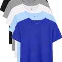 5 Pack Boys Shirts Short Sleeve Shirts for Boys Cotton T-Shirts Kids Toddler Tshirts Tees Clothes Summer Tops (7-8 Years, Black, Light Blue, Gray, Benzo Blue, White)