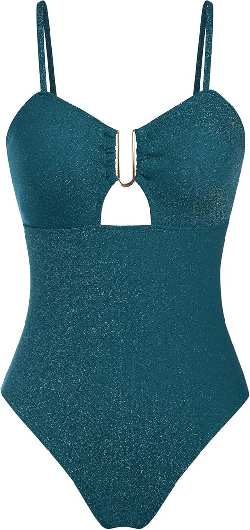 ZAFUL Women's One Piece Swimsuit Ribbed Open Back Bathing Suit Tummy Control Scoop Neck Adjustable Straps High Cut Swimwear (Medium, 2-peacock Blue)
