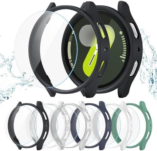 Landhoo 6+6 Pack for Samsung Galaxy Watch 7 44mm Screen Protector Case, Hard PC Bumper + HD Anti-Fog Tempered Glass Protective Film, Waterproof Face Cover Set for Galaxy Watch 7 44mm Accessories Black