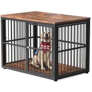 Lyromix 43'' Dog Crate Furniture with 3 Doors, XL Wooden Crate End Table Heavy Duty Indoor Puppy Cage for Medium to Large Dogs, Multiple Units Can be Combined (Brown)