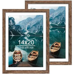 Hongkee 14x20 Picture Frame, Rustic Brown Wood Style - Display 14 x 20 Picture without Mat or 12x18 Picture with Mat, Wall Mounting Horizontal and Vertical