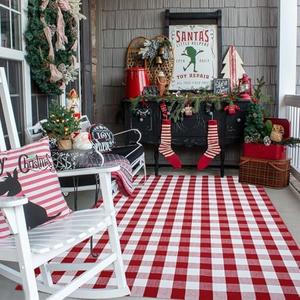 Red and White Plaid Rug Christmas Outdoor Front Door Mat Cotton Hand-Woven Washable Rug for Layered Door Mats Carpet for Farmhouse, Porch, Entryway, Living Room (Red and White, 4'x6')