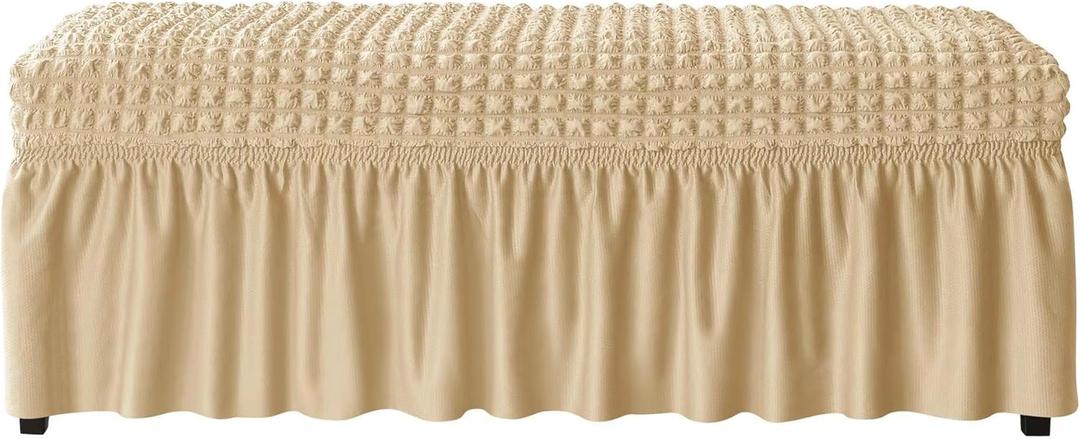 Stretch Dining Bench Cover, Soft Seersucker Bench Slipcover with Skirt Spandex Removable Washable Dining Room Bench Covers for Banquet Bedroom (Dark Beige,Medium)