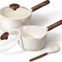 CAROTE 2QT & 3QT Sauce Pan Sets with Lid & Ladle Ceramic Nonstick Pot Set Non Toxic Saucepan Small Kitchen Cooking Pots, Easy to Clean, Induction Comptable, PFAS PTFE Free, White