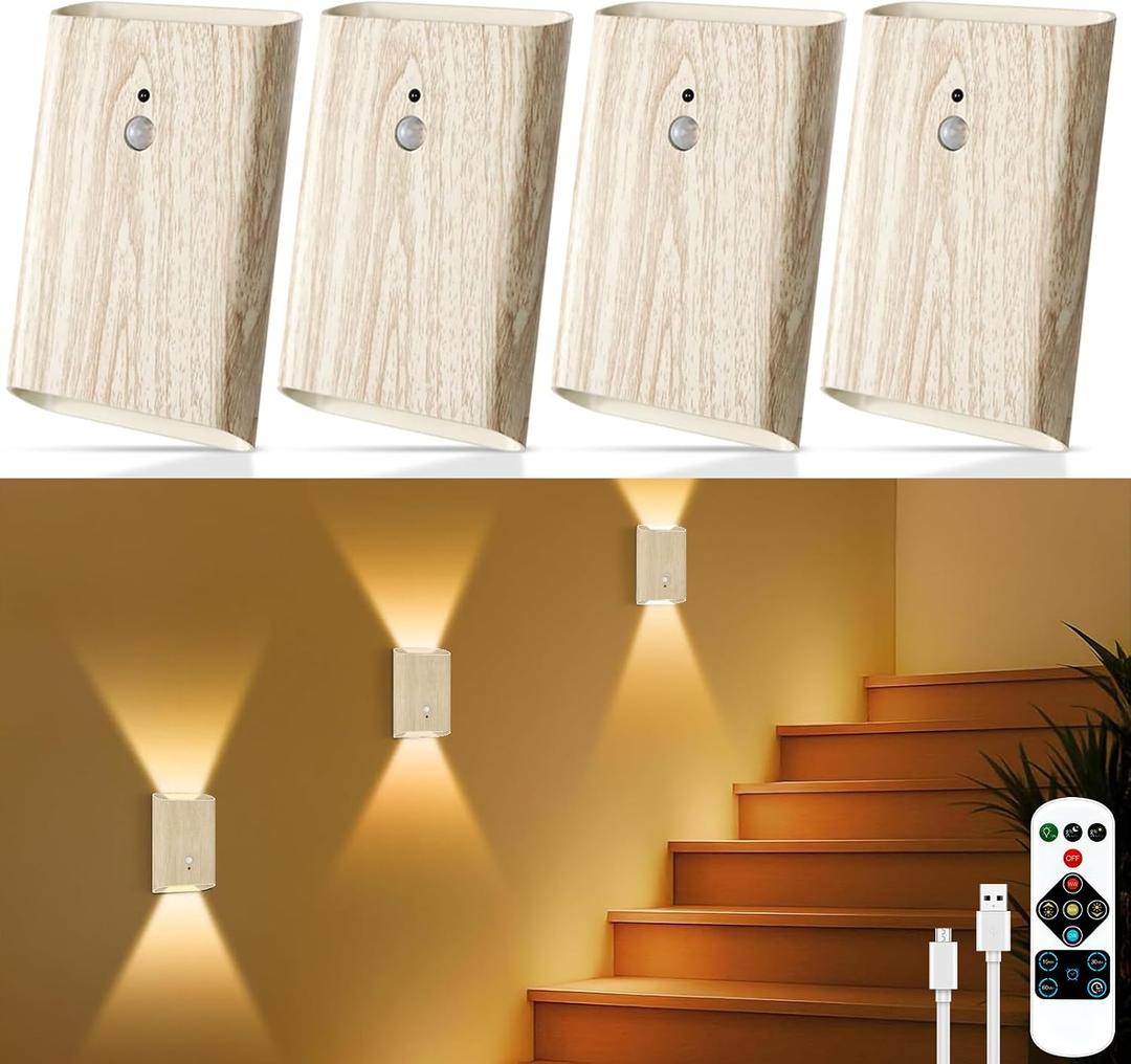 4 Pack Rechargeable Wall Sconce: Battery Operated Motion Sensor Wall Light with Remote, Magnetic Motion Sensor Stair Light Indoor, 3CCT Dimmable Wireless Wall Lamp for Bedroom Hallway Closet, Beech