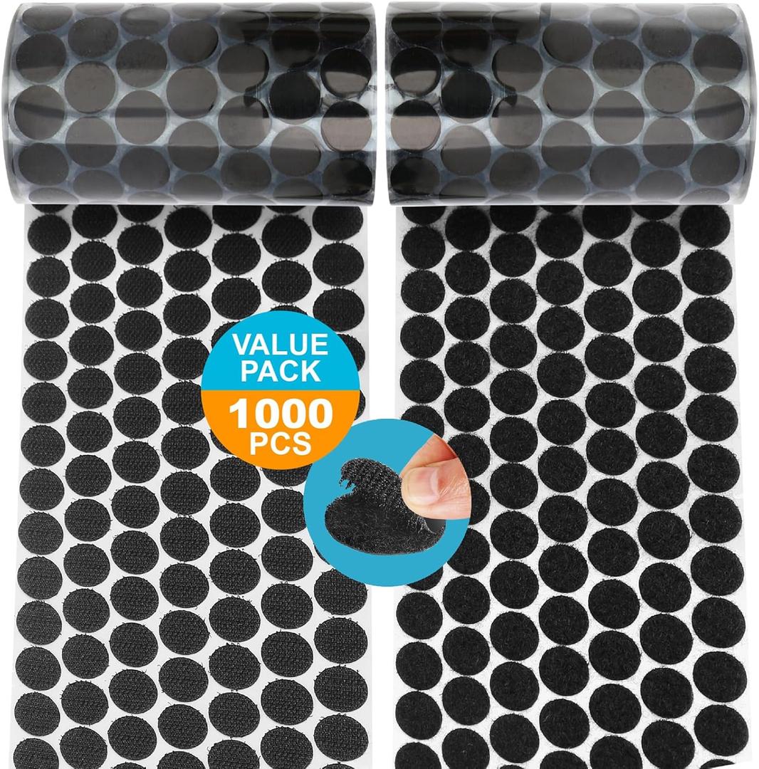 1000 Pcs (500 Pairs) Self Adhesive Dots, Strong Adhesive 0.39" Diameter Waterproof Sticky Back Nylon Dots, Hook Dot Loop Dot for School, Office, Home, Mounting Arts & Crafts