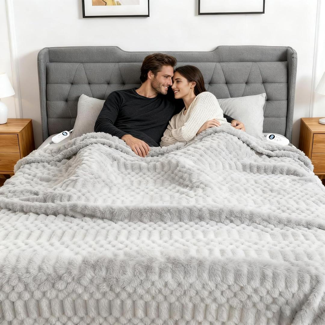 Heated Blanket King Size, 90x100 Electric Blanket Heating with Dual Controllers, Fast Heating with 12 Heat Levels & 12 Hours Auto Off, with ETL & FCC for Bed(Light Gray)