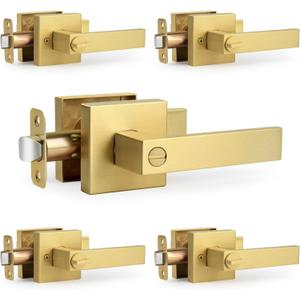 Square Privacy Gold Door Handles (No Key) for Bathroom and Interior Closet, Heavy-Duty Brushed Gold Reversible Door Lever, Satin Brass, 5 Pack