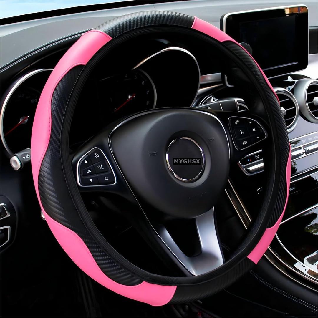 Car Steering Wheel Cover, Universal Microfiber Leather Elastic Carbon Fiber 15 inch Breathable Anti-Slip Steering Wheel Protector for Men Women,Pink