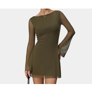 Milumia Women's Mesh Long Bell Sleeve Mini Dress Boat Neck Short Dresses ,Size S